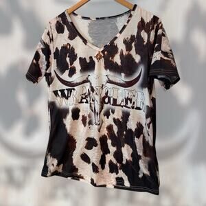 Wrangler Cowhide Graphic Tee Women’s XL Brown Western Boho Rodeo Top